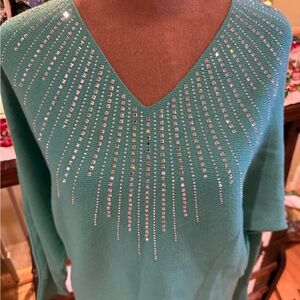 Milano Green Rhinestone Knitwear Sweater Size tag missing